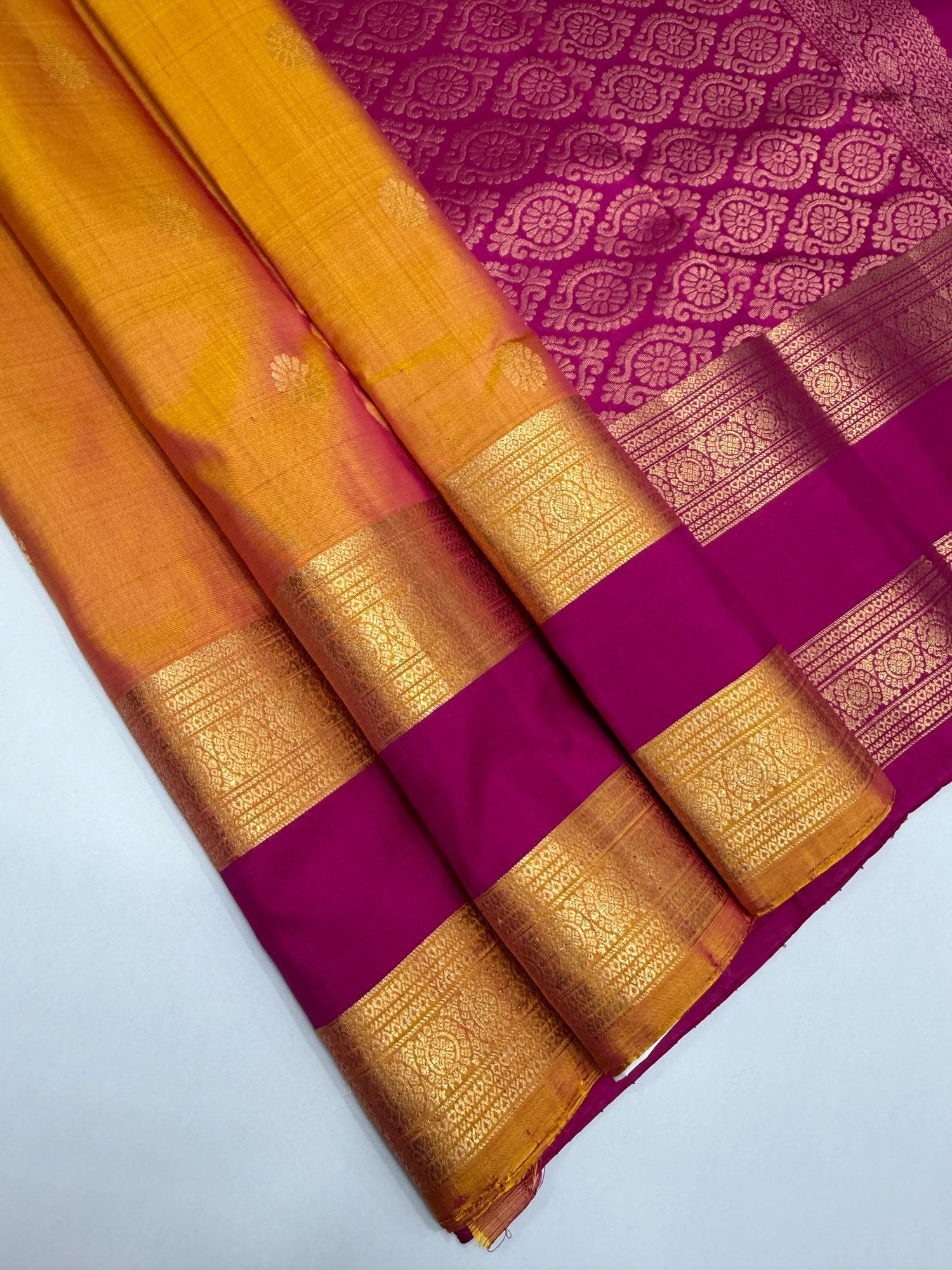 VSF910 - yellow with pink color body , rani pink color pallu,blouse - Pure silk saree