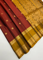 VSF928 - brick red color body , mustard color pallu,blouse - Pure silk saree