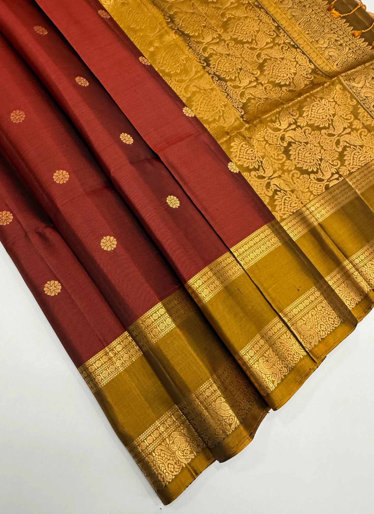 VSF928 - brick red color body , mustard color pallu,blouse - Pure silk saree
