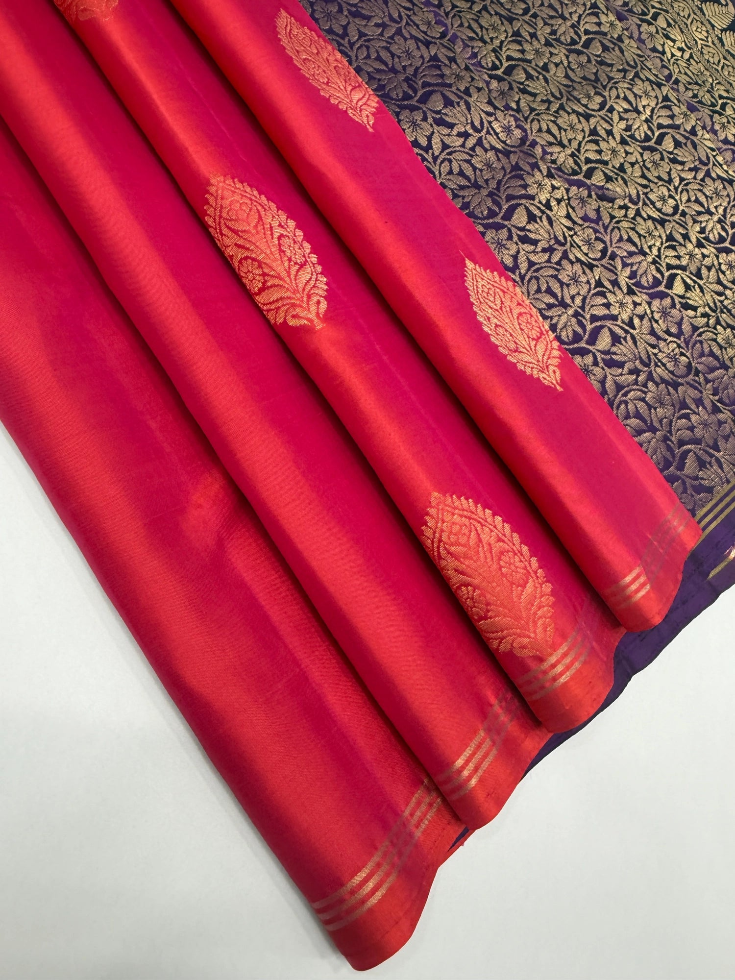 VSBL393 - pinkish orange color body , violet color pallu , blouse - Pure silk saree