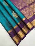 VSF933 - peacock blue color body &amp;,violet color pallu,blouse - Pure silk saree