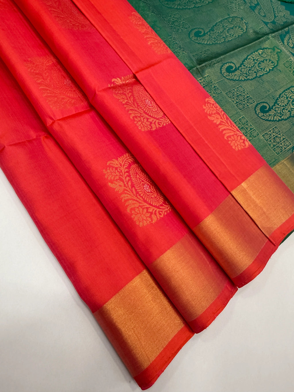 VSZB238 - orange with pink color body , dual green color pallu , blouse - Pure silk saree