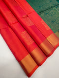 VSZB238 - orange with pink color body , dual green color pallu , blouse - Pure silk saree