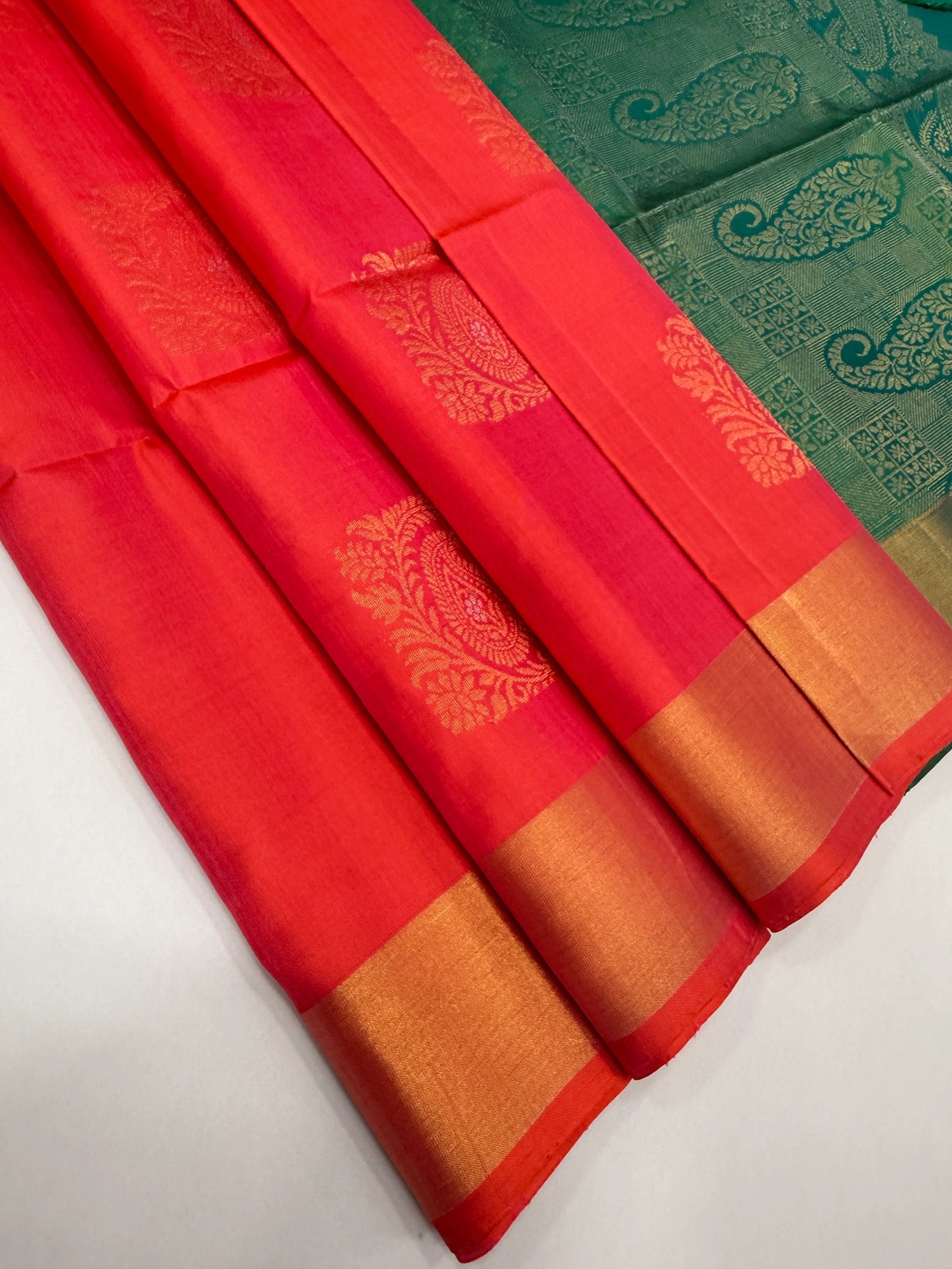 VSZB238 - orange with pink color body , dual green color pallu , blouse - Pure silk saree