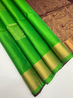 VSZB244 - green color body , dark brown color pallu , blouse - Pure silk saree