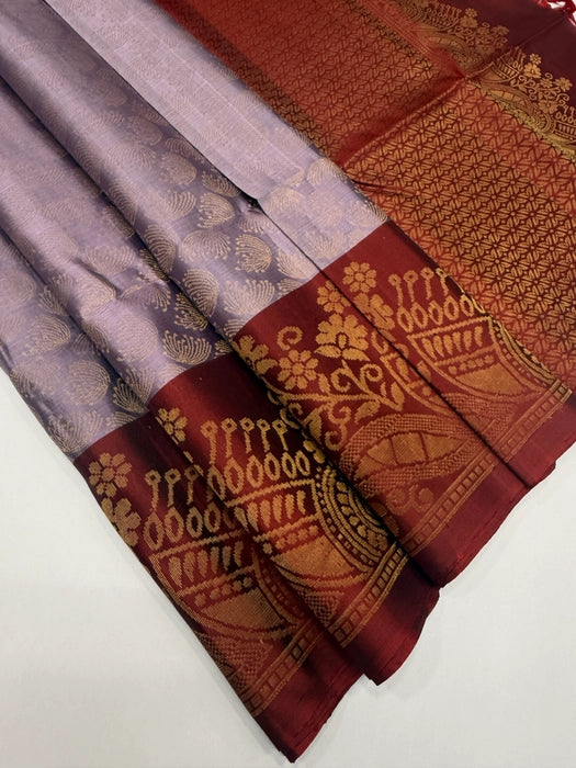 VSA566 - light lavender color body & maroon color pallu , blouse pure silk saree