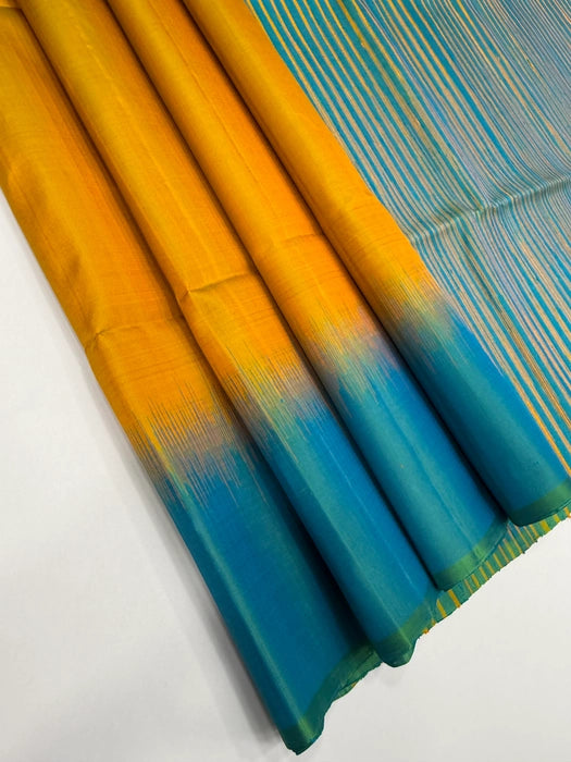 VSD140 - mustard yellow color body &amp; blue with green color pallu,blouse - Pure silk saree
