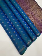 VSTP149 - peacock blue color body,pallu &amp; violet color blouse - Pure silk saree
