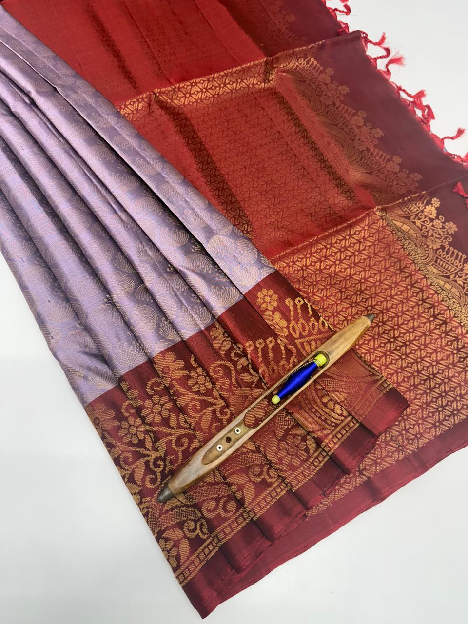 VSA566 - light lavender color body & maroon color pallu , blouse pure silk saree