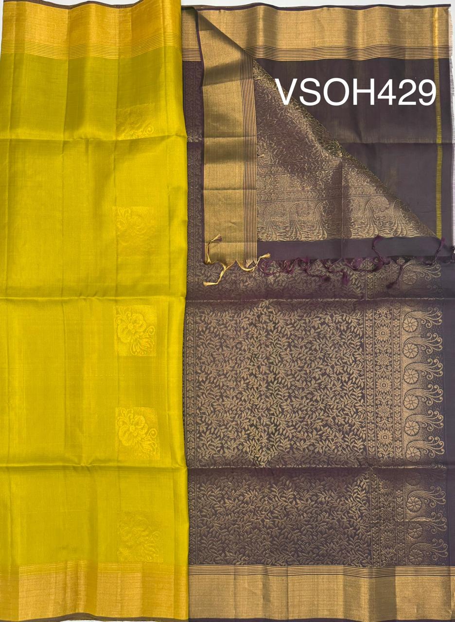 VSOH429 - green with yellow color body &amp; dark purple color pallu , blouse - Pure silk saree
