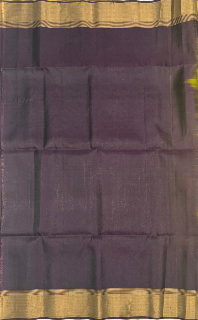 VSOH429 - green with yellow color body &amp; dark purple color pallu , blouse - Pure silk saree
