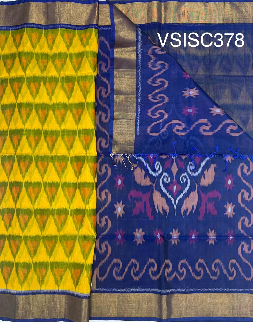VSISC378 - mango yellow color body , navy blue color pallu , blouse.