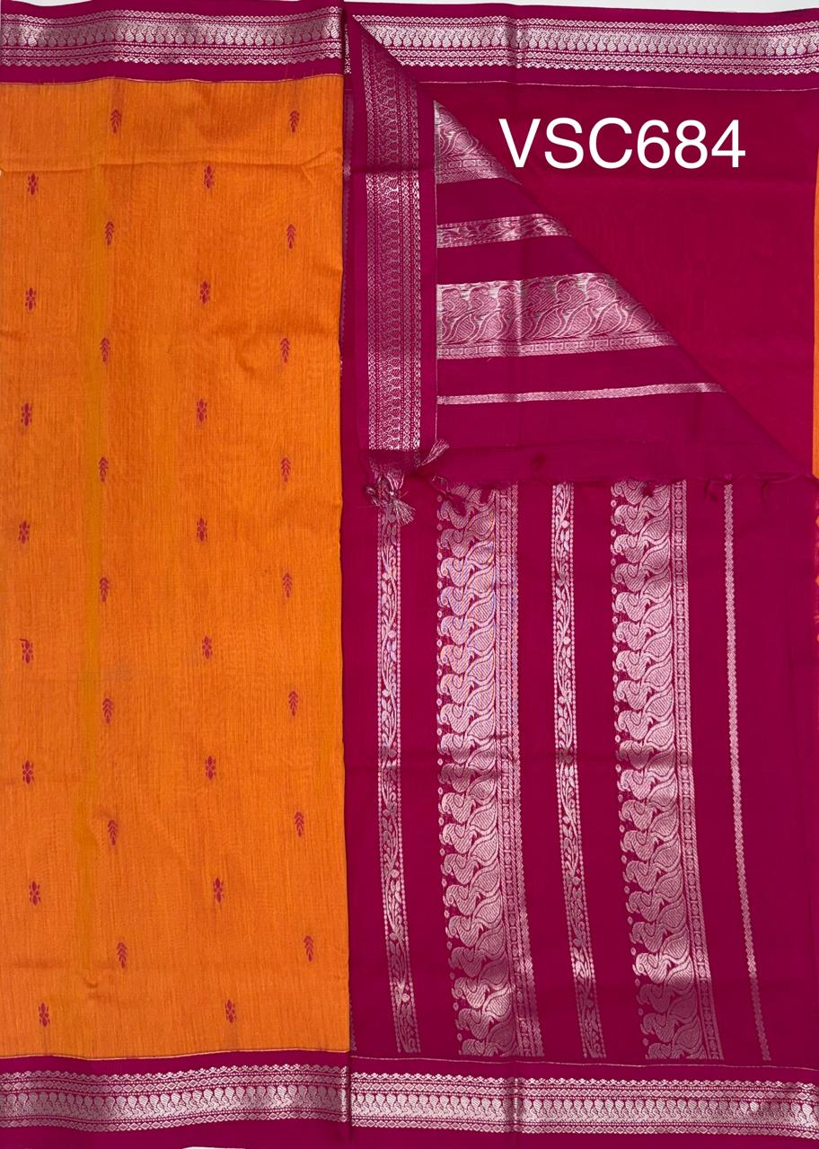 VSC684 - light orange color body , rani pink color pallu,blouse.
