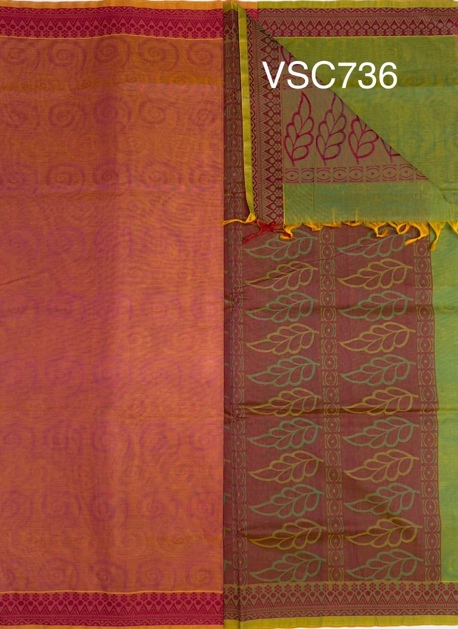 VSC736 - violet with yellow color body , blue with yellow color pallu,blouse.