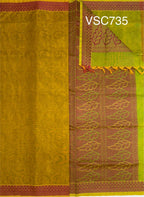 VSC735 - dark mustard color body , green with yellow color pallu,blouse.