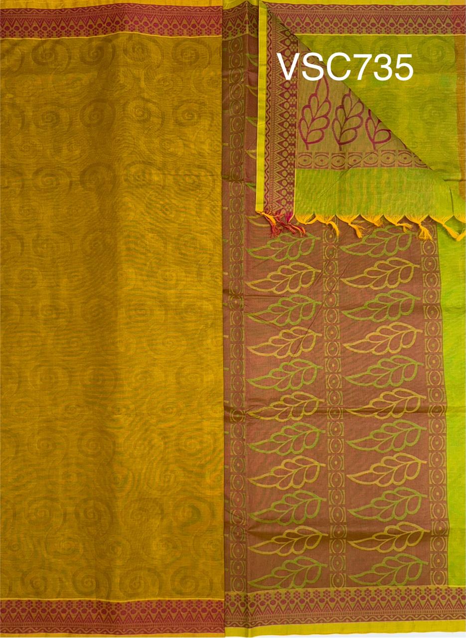 VSC735 - dark mustard color body , green with yellow color pallu,blouse.