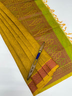 VSC735 - dark mustard color body , green with yellow color pallu,blouse.