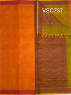 VSC737 - red with mango yellow color body , green with yellow color pallu,blouse.