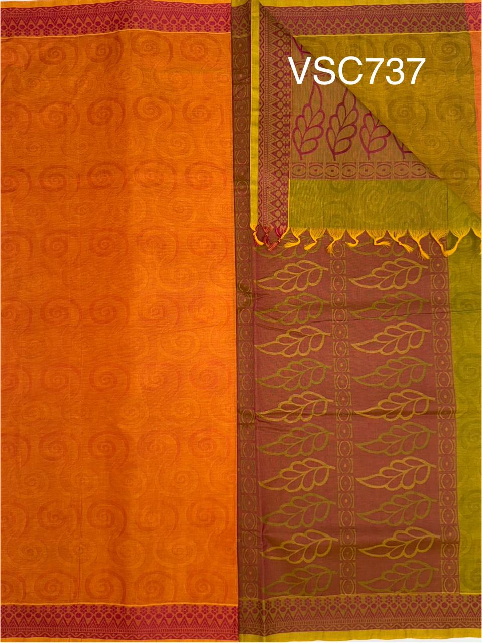 VSC737 - red with mango yellow color body , green with yellow color pallu,blouse.