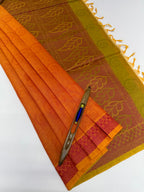 VSC737 - red with mango yellow color body , green with yellow color pallu,blouse.