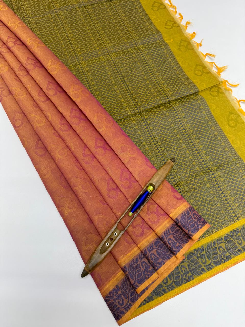 VSC738 - violet with yellow color body , green color pallu,blouse.