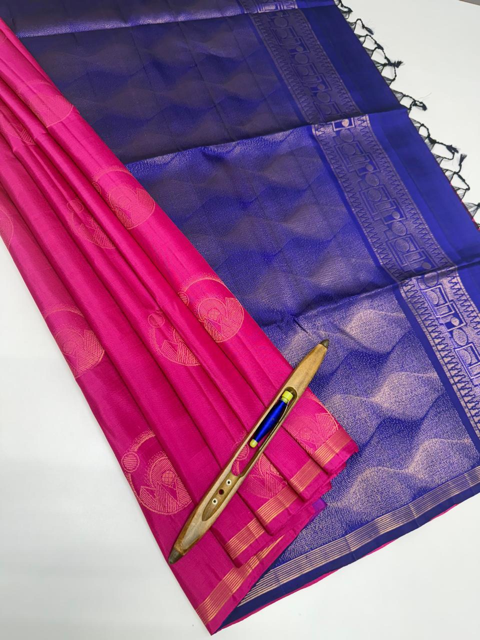 VSBL381 - rani pink color body , dark ink blue color pallu , blouse - Pure silk saree