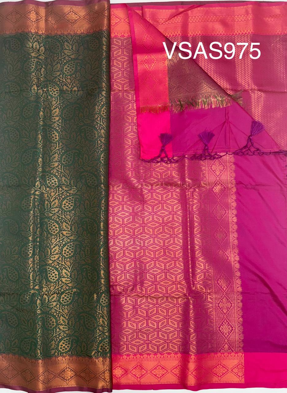 VSAS975 - peacock green color body , magenta color pallu , blouse.