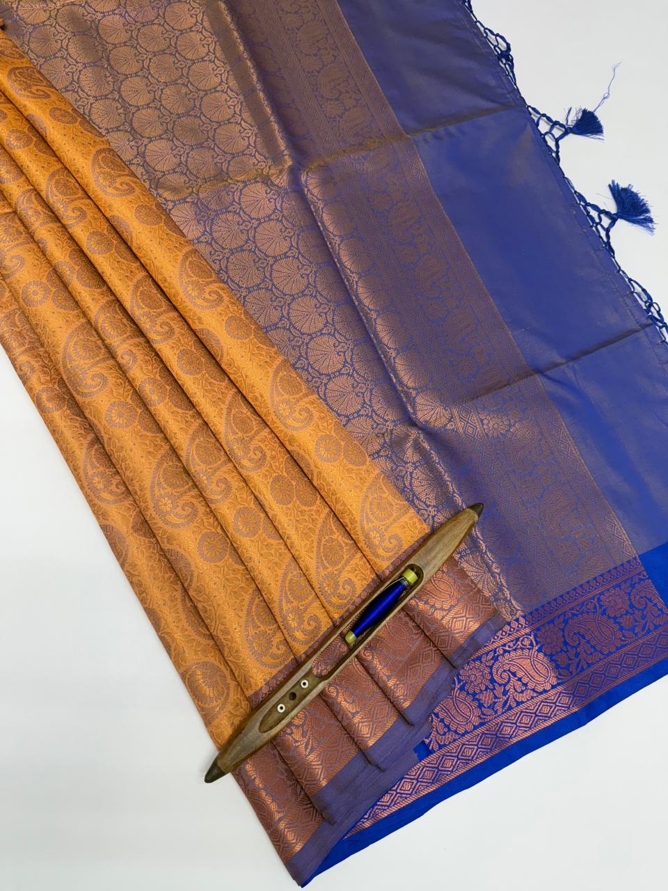 VSAS979 - dark sandal color body , blue color pallu , blouse.