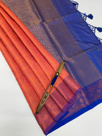 VSAS989 - dark peach color body , blue color pallu , blouse.