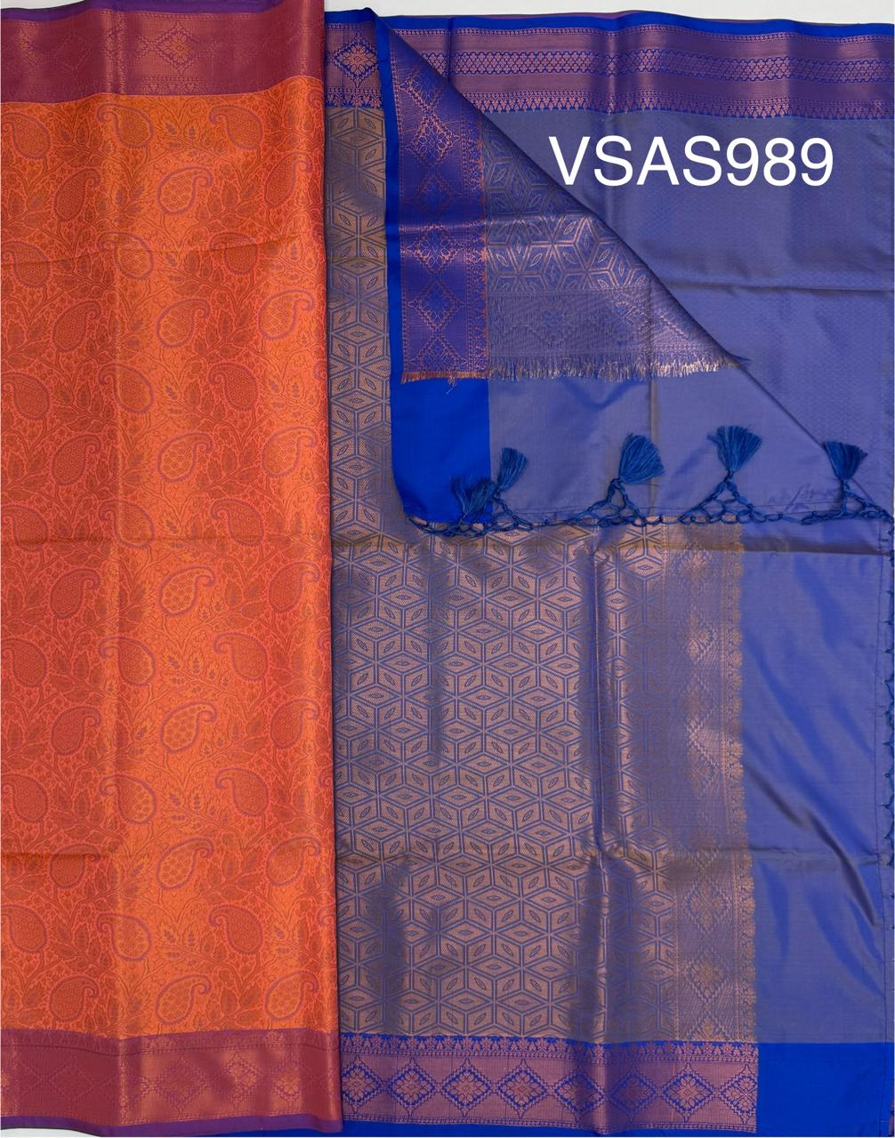 VSAS989 - dark peach color body , blue color pallu , blouse.