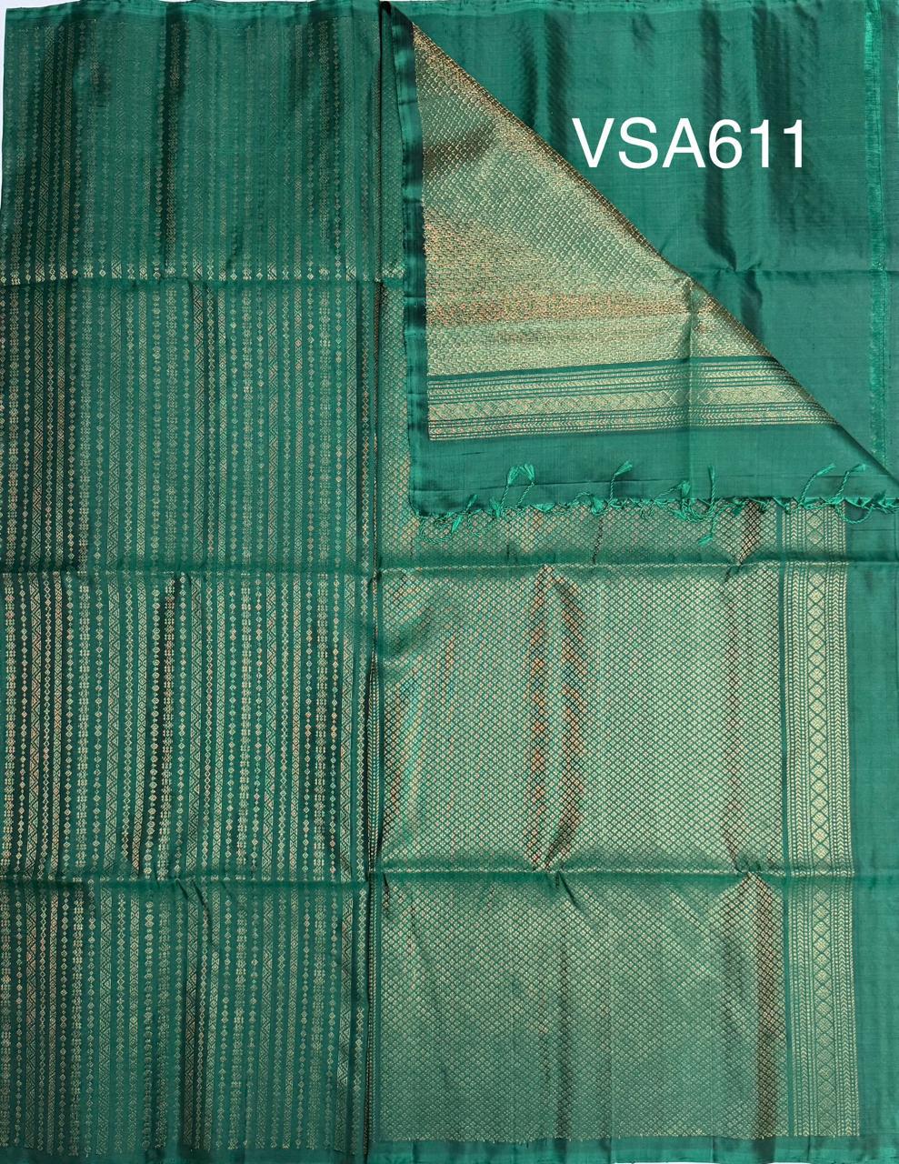 VSA611 - peacock green color body, pallu , blouse pure silk saree