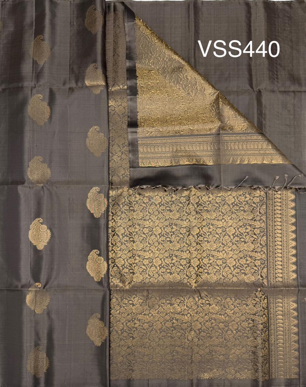 VSS440 - elephant grey color body, pallu , blouse pure silk saree