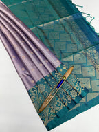 VST245 - pastel lavender color body , peacock green color pallu , blouse - Pure silk saree