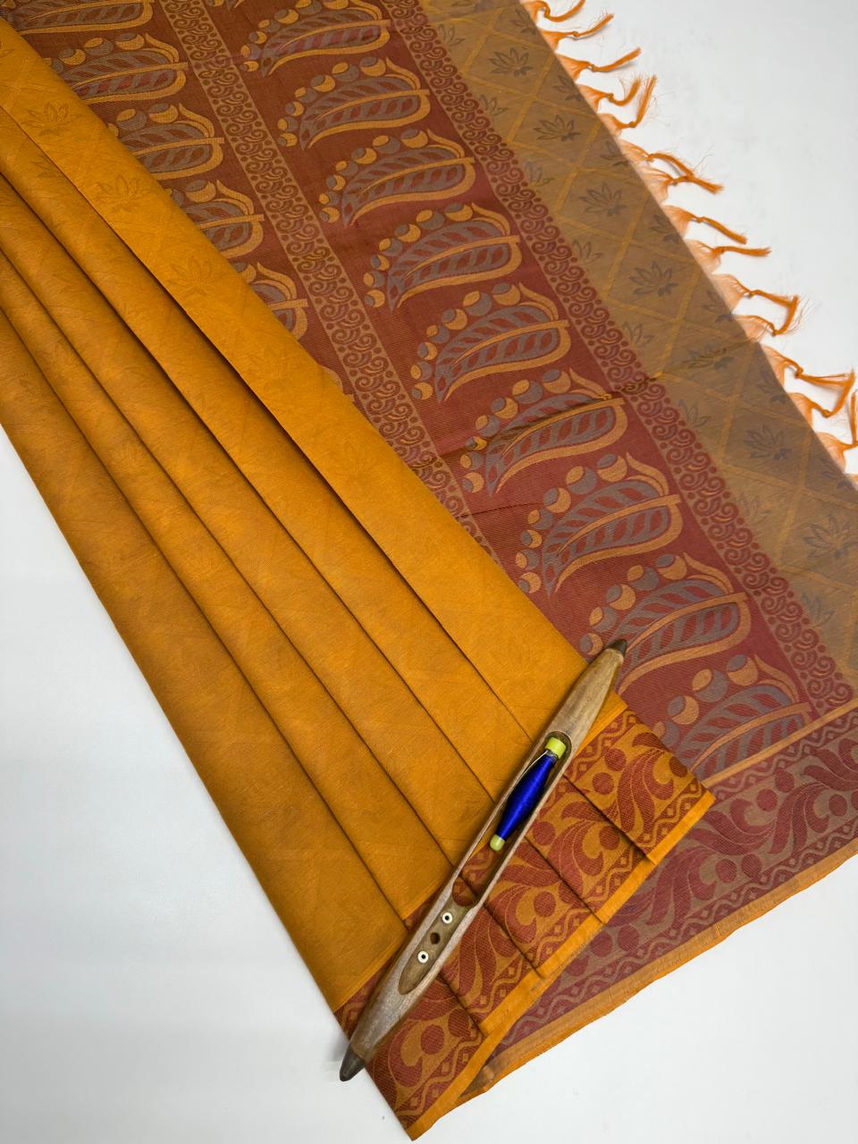 VSC744 - dark mustard color body , blue with mustard color pallu,blouse.
