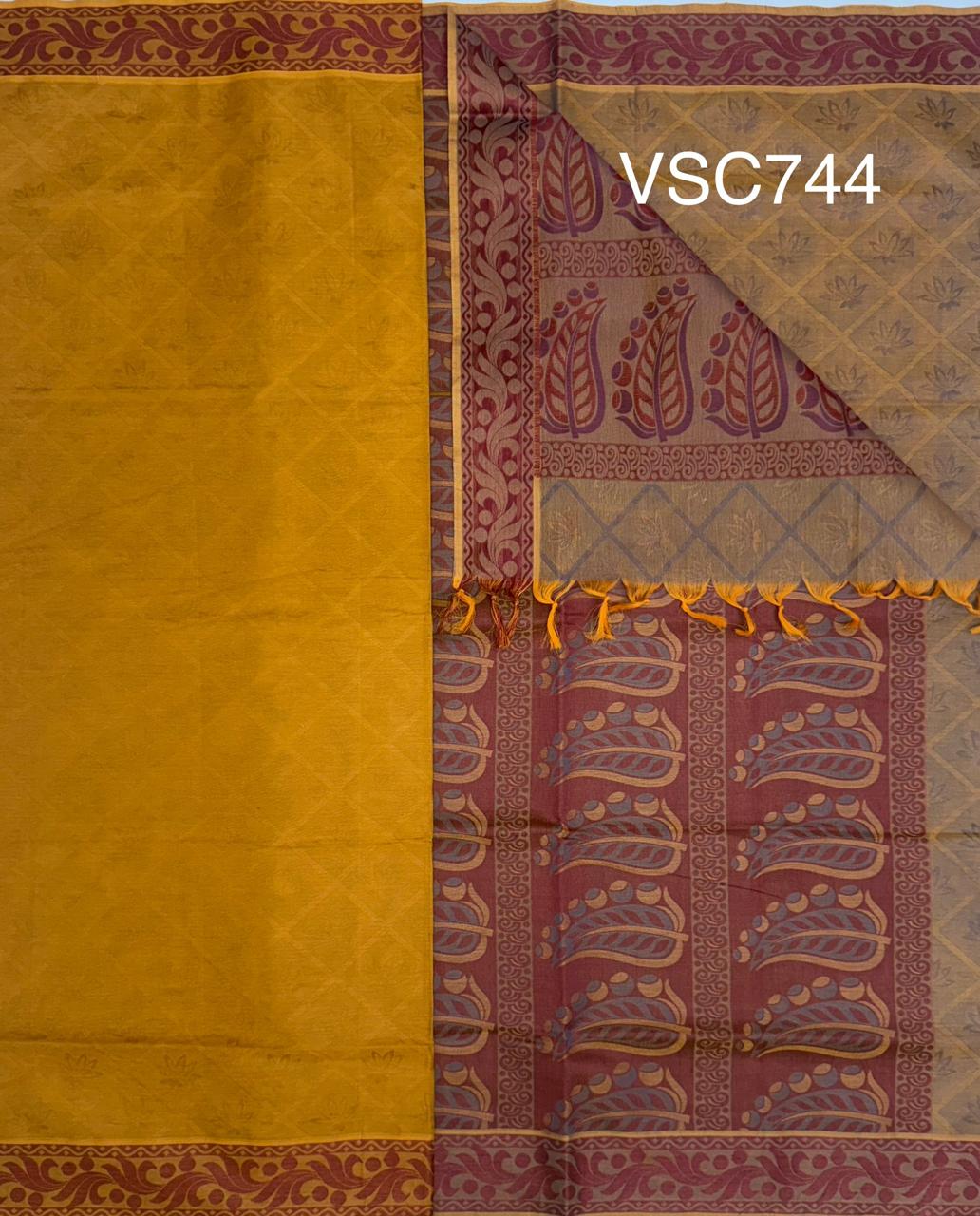 VSC744 - dark mustard color body , blue with mustard color pallu,blouse.