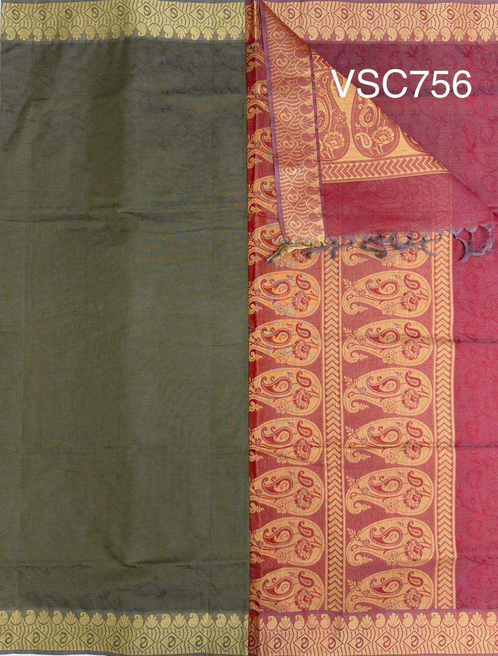 VSC756 - green wiht grey color body , red with grey color pallu,blouse.