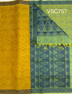 VSC757 - brown with yellow color body , blue with yellow color pallu,blouse.