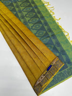 VSC757 - brown with yellow color body , blue with yellow color pallu,blouse.