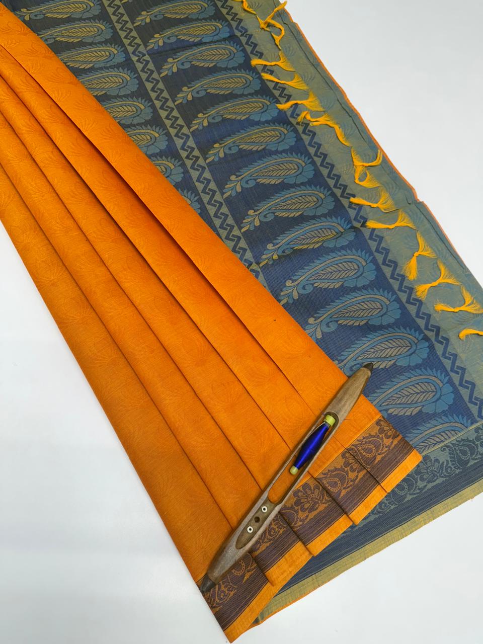 VSC765 - orange color body , blue with yellow color pallu,blouse.