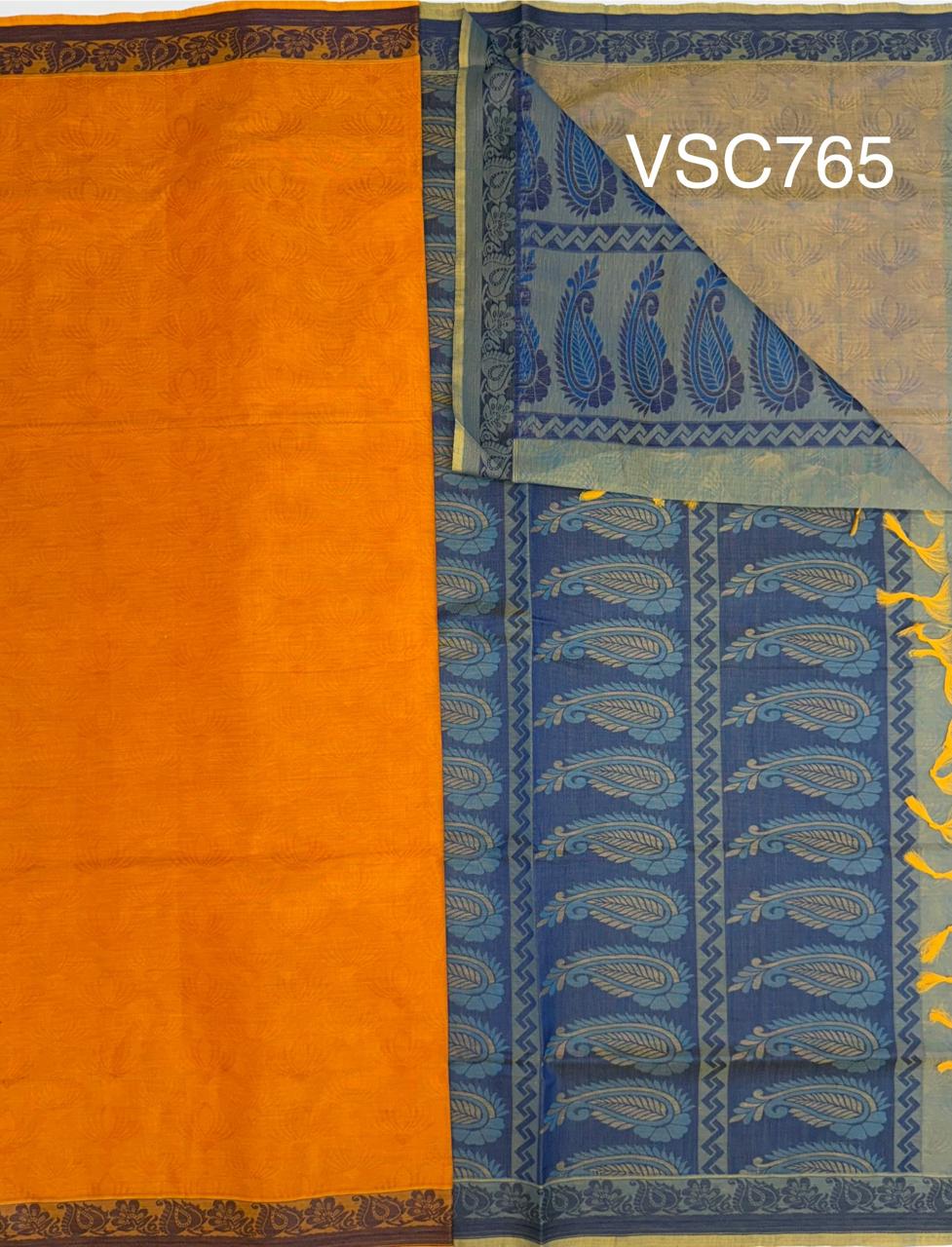 VSC765 - orange color body , blue with yellow color pallu,blouse.