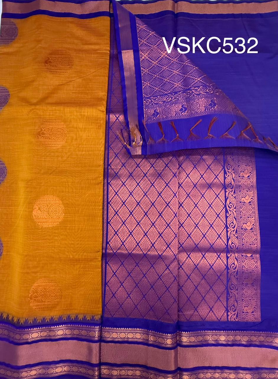 VSKC532 - mustard yellow color body , royal blue color pallu , blouse.