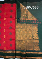 VSKC536 - red color body , bottle green color pallu , blouse.