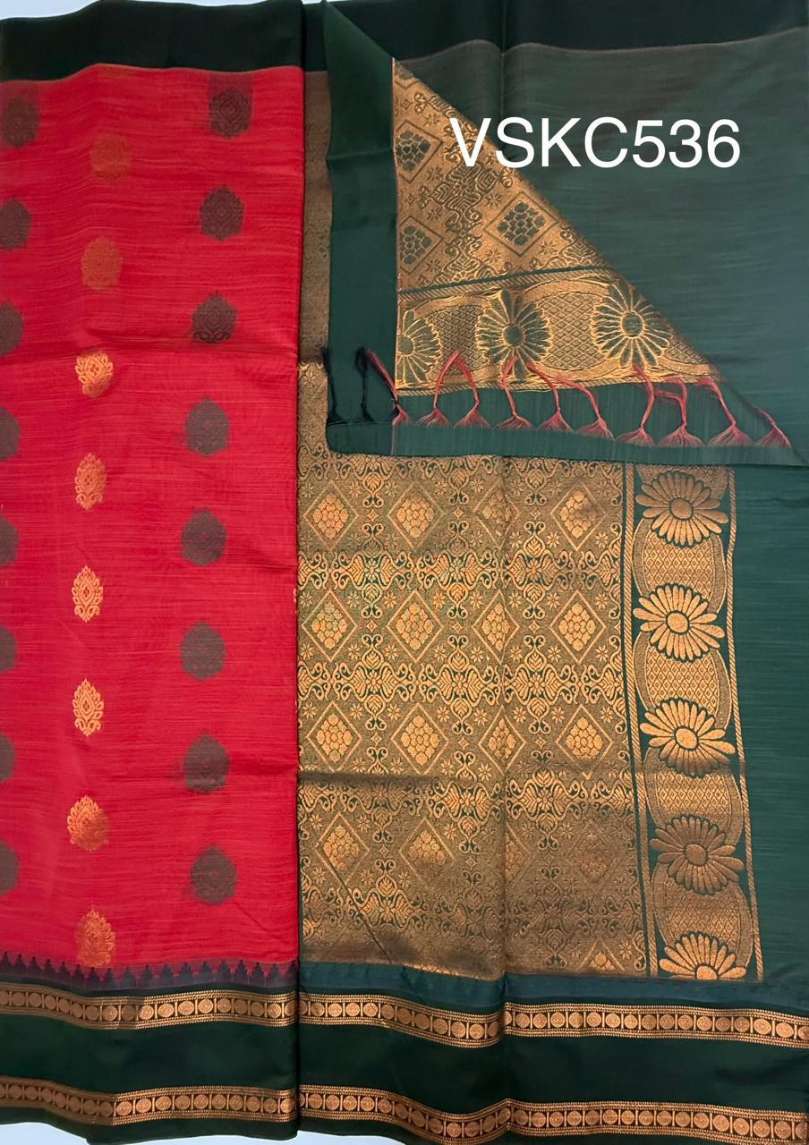 VSKC536 - red color body , bottle green color pallu , blouse.