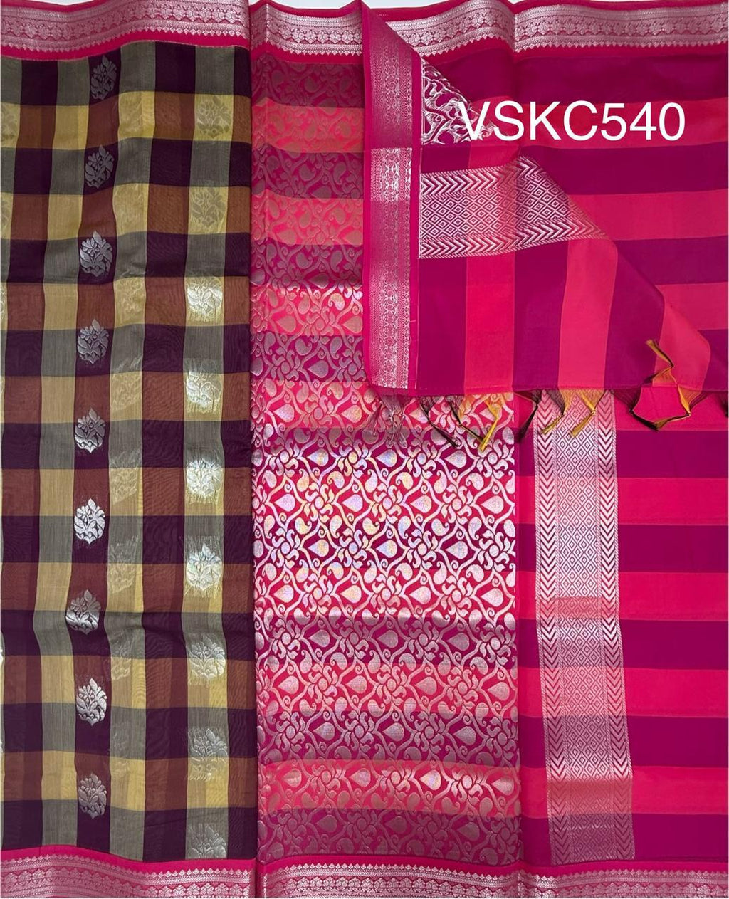VSKC540 - sandal with violet color body , rani pink color pallu , blouse.