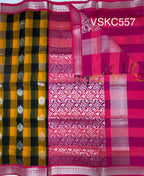 VSKC557 - yellow with black color body , rani pink color pallu , blouse.