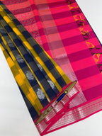 VSKC557 - yellow with black color body , rani pink color pallu , blouse.