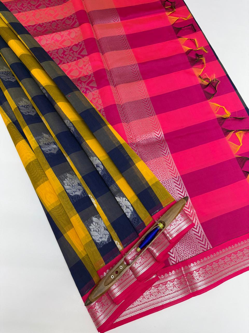 VSKC557 - yellow with black color body , rani pink color pallu , blouse.