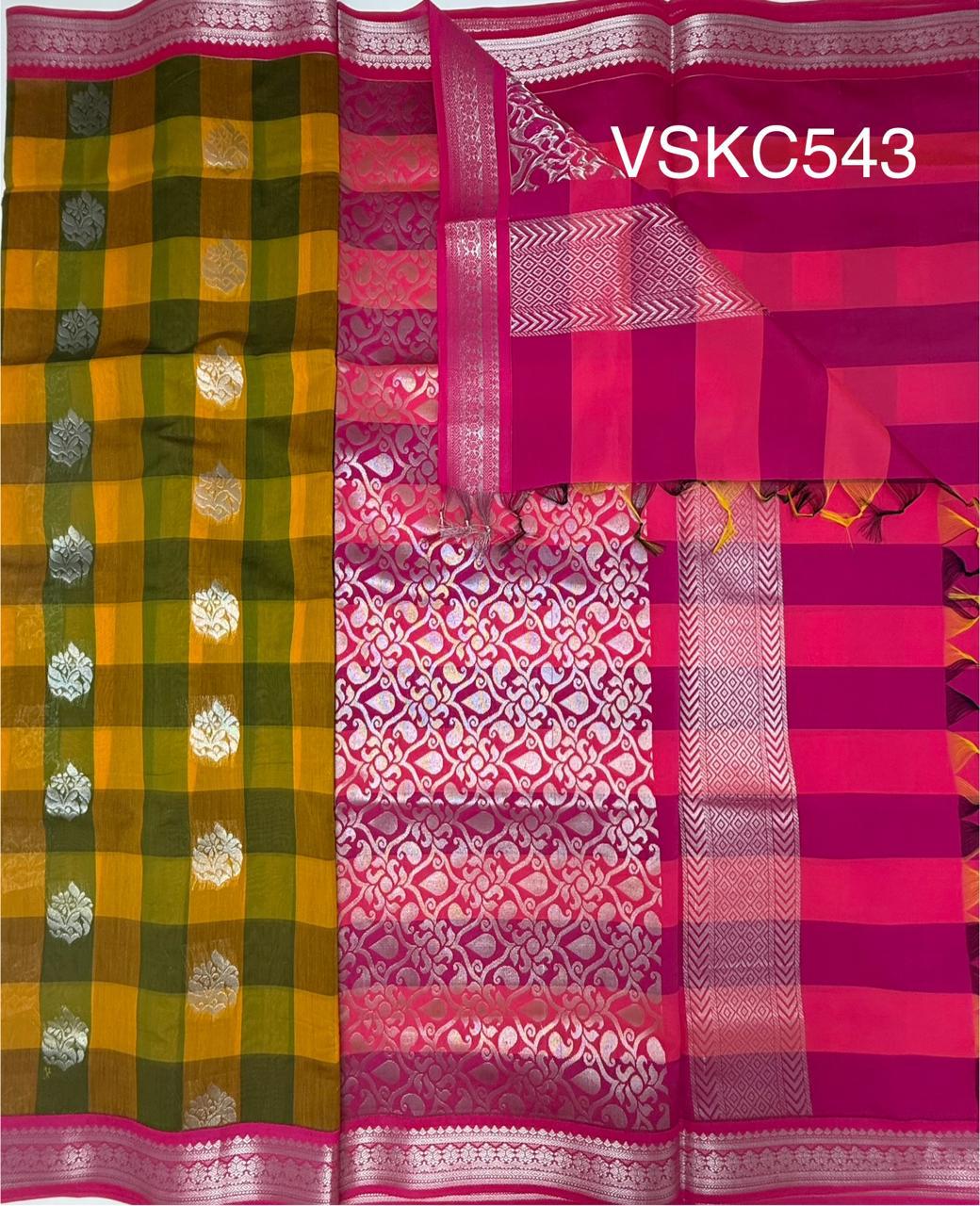 VSKC543 - yellow with green color body , rani pink color pallu , blouse.
