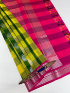 VSKC546 - lemon yellow with green color body , rani pink color pallu , blouse.
