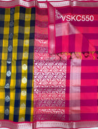 VSKC550 - yellow with navy blue color body , rani pink color pallu , blouse.
